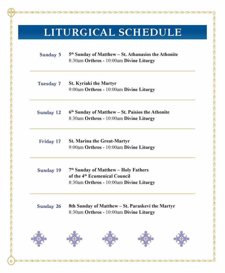 LITURGICAL SCHEDULE JULY 2026